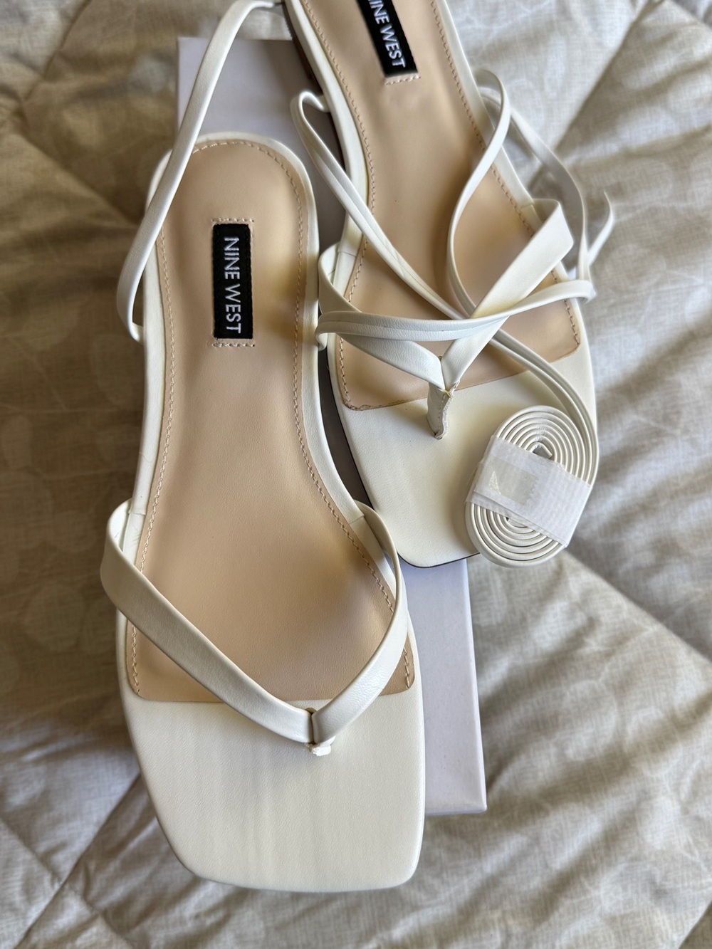 Nine West White Strappy Square-Toe Sandals with Thin Ankle Wrap